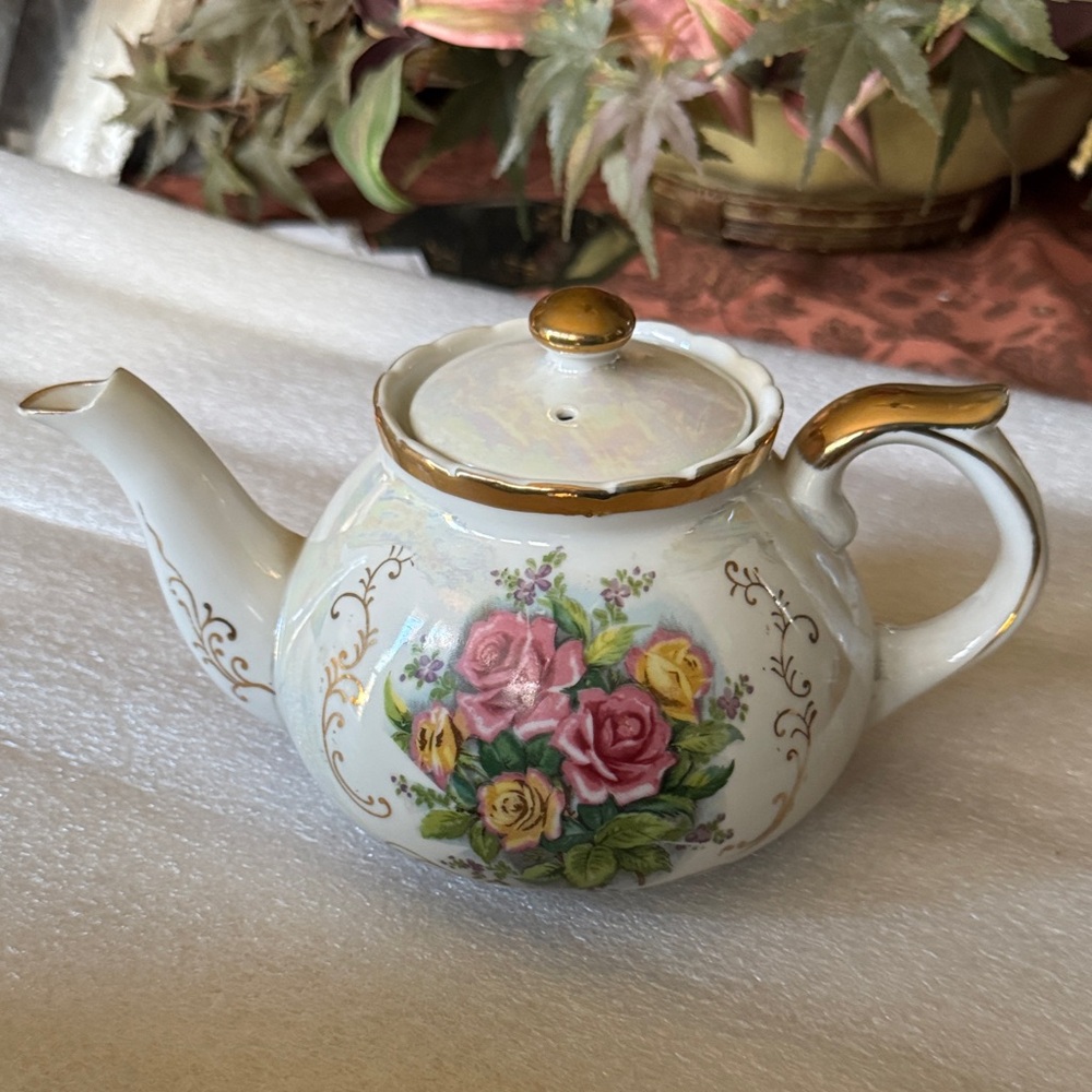 Antique Floral Teapot with Gold Accents